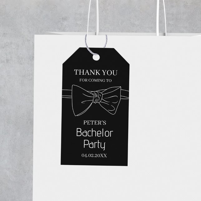 Anpassad svart bow tie Svarspresent till Svestmann Presentetikett (Custom Bow Tie Black Bachelor Party Thank You Gift Tags)