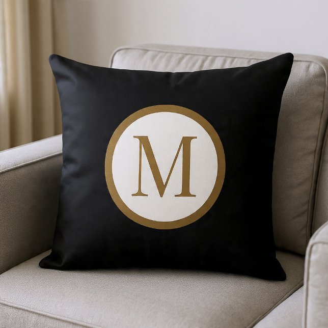 Anpassad svart & guld centrumsigillmonogram kudde (Skapare uppladdad)