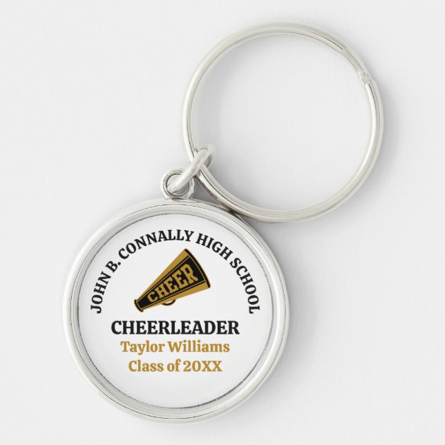 Anpassad Svart Guld för High School Cheerleader Rund Silverfärgad Nyckelring (Framsidan)