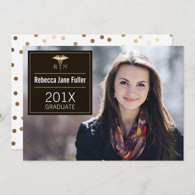 Anpassad svart & guld foto på sjuksköterskeutexami inbjudningar (Fram/baksida)