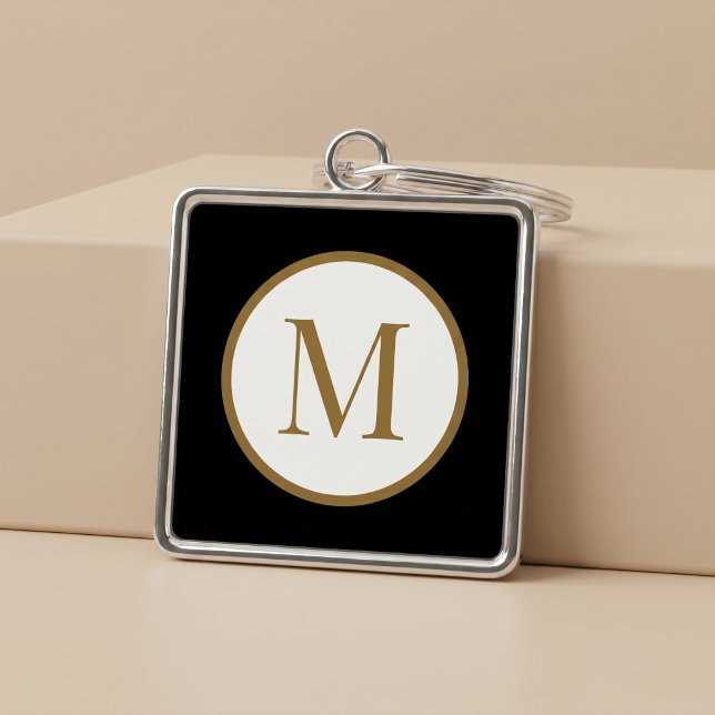 Anpassad svart & guld mittenförsegling monogram fyrkantig silverfärgad nyckelring (Skapare uppladdad)
