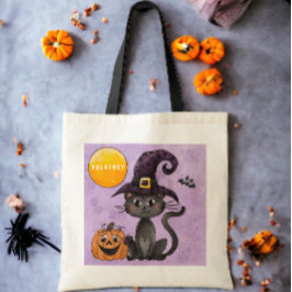 Anpassad svart katt trick or treat halloween godis tygkasse
