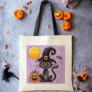 Anpassad svart katt trick or treat halloween godis tygkasse