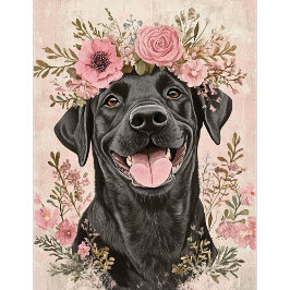 Anpassad Svart Labrador Rosa Blommig Hälsning Kort