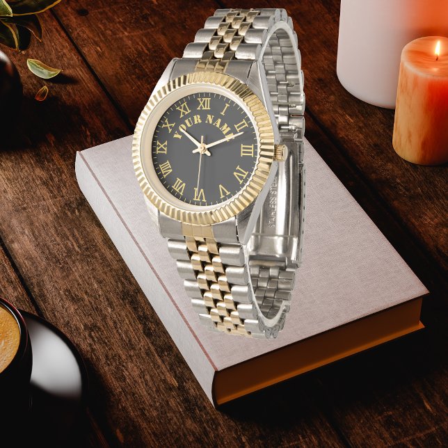 Anpassad svart monogrammerad guldfärgad silvertona armbandsur (Skapare uppladdad)