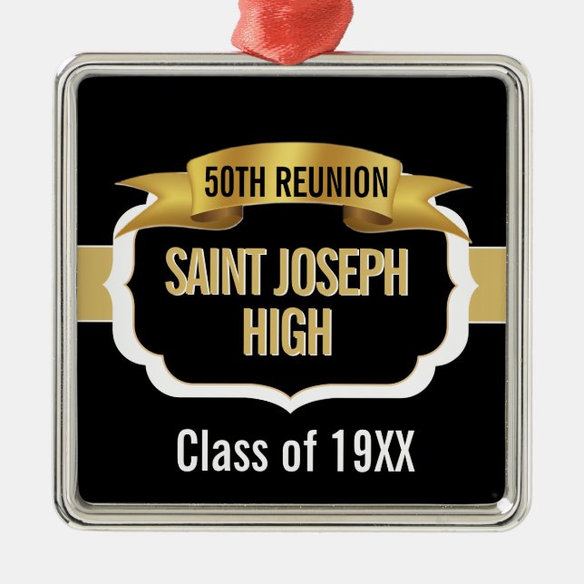 Anpassad svart och guld 50-års klassåterträff  julgransprydnad metall (Framsidan)