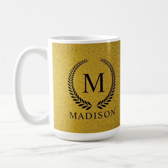Anpassad svart och guld glittermonogram  kaffemugg (Vänster)