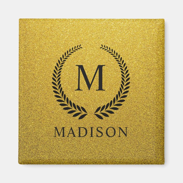 Anpassad svart och guld glittermonogram  magnet (Framsidan)