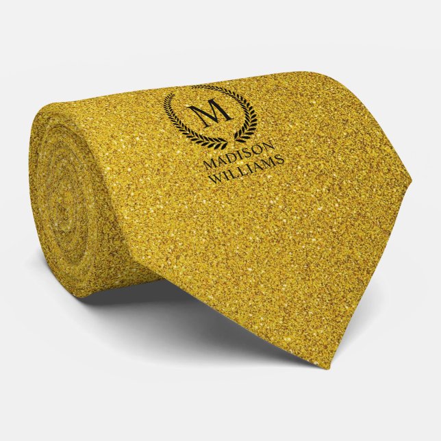 Anpassad svart och guld glittermonogram med guld slips (Rullad)