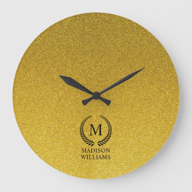 Anpassad svart och guld glittermonogram stor klocka (Framsida)