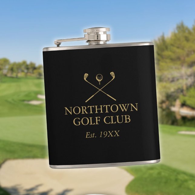 Anpassad svart och guld golfklubb namn fickplunta (Custom Black And Gold Golf Club Name Flask)