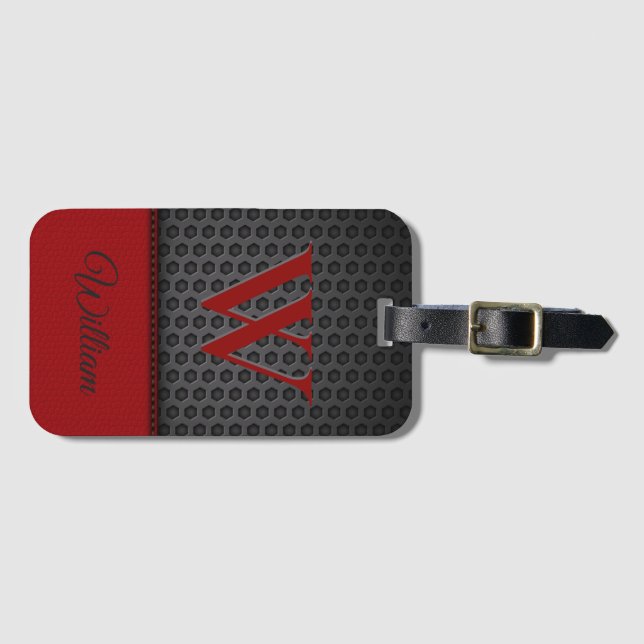 Anpassad svart röd falsk lädermonogram initial  bagagebricka (Framsida horisontal)