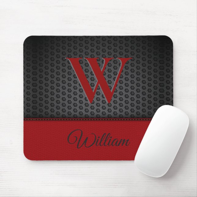 Anpassad svart röd falsk lädermonogram initial  musmatta (Med mus)