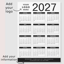 Anpassad svart-vit 2027-kalender & företagslogotyp