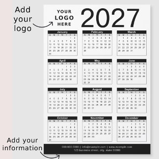 Anpassad svart-vit 2027-kalender & företagslogotyp