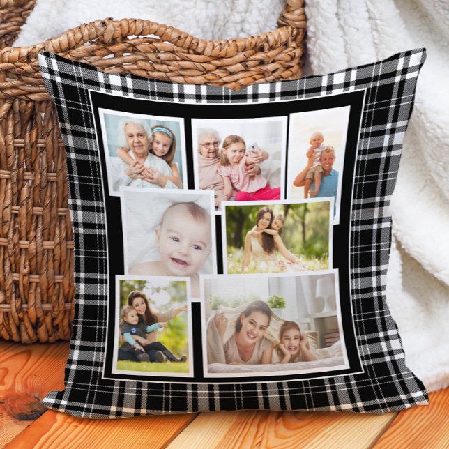 Anpassad svart vit Buffalo-ruta Tartan 7 Foto Kudde (Black and white buffalo plaid checkered 7-photo decorator pillow. Printed on both sides.)