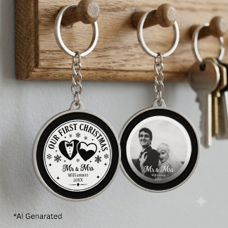 Anpassad svart vit elegant första julen foto nyckelring