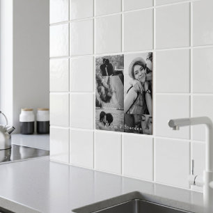 Anpassad svart-vit fotokollage med namn för par kakelplatta