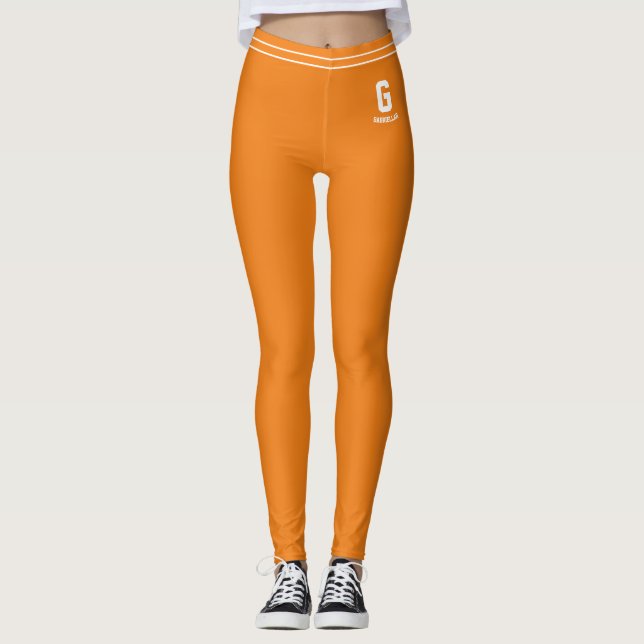 Anpassad Tangerine Orange Vit Randig Monogram Leggings (Framsida)