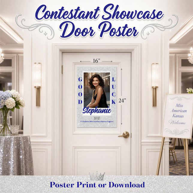 Anpassad tävling dörr banner affisch (Send-off your favorite pageant contestant with love, give them a custom silver pageant door poster)