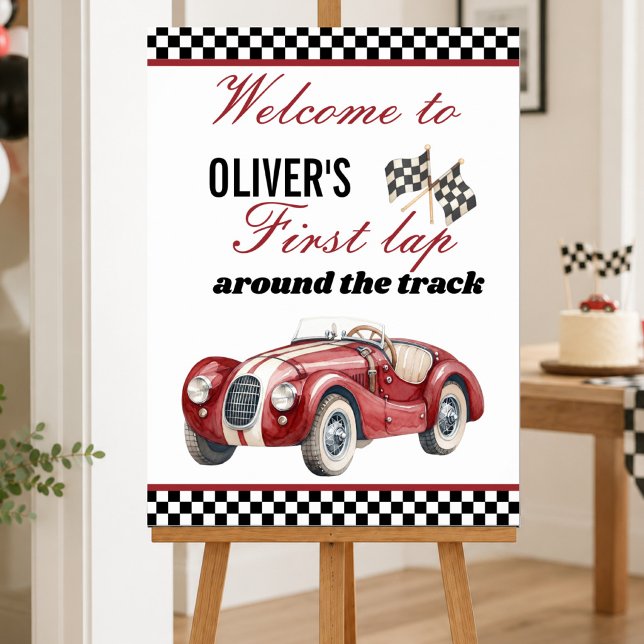 Anpassad tävlingsbil 1-års födelsedags välkomstsky poster (Custom Race Car 1st Birthday Welcome Red Vintage Poster)