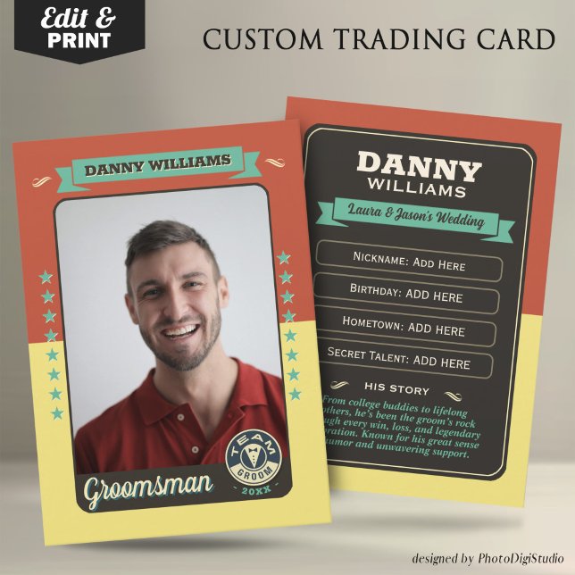 Anpassad Team Brudgumsebyteskort, Brudgumsegendom (Custom Team Groom Trading Card, Groomsmen Gifts Best Man Trading Card, Retro Wedding Cards)