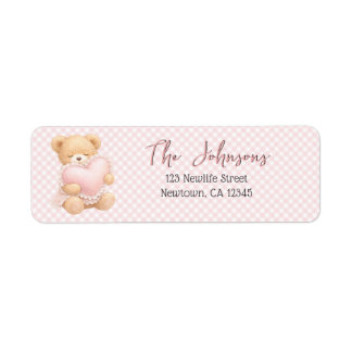 Anpassad Teddybjörn med Rosa Gingham-ruta Returadress Etikett