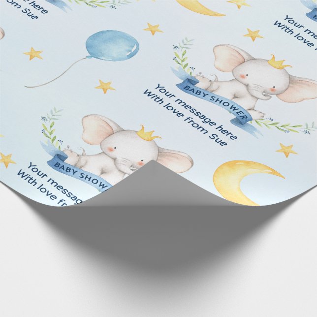 Anpassad text Blå Akvarell Elefant Baby Shower Presentpapper (Hörn)