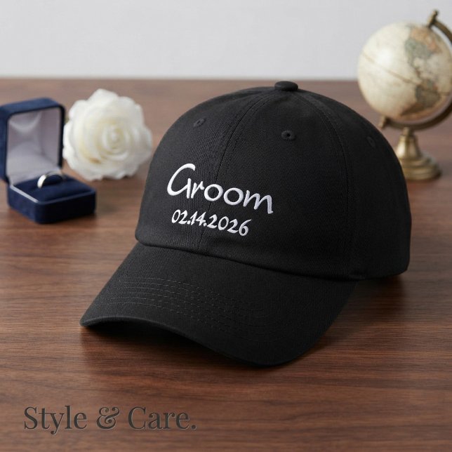 Anpassad text Brudgum med datum Broderad Keps (Custom Text Groom With Date Embroidered Baseball Cap)