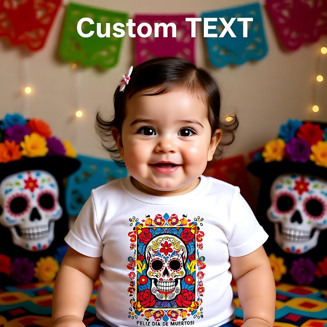 Anpassad text Dia de Muertos Sockerskalle T Shirt (Custom text Dia de Muertos Sugar skull Baby T-Shirt)