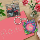 Anpassad text Foto Söt Rosa Blommigt Mamma<br><div class="desc">Nyckelkedja för Photo Rosa Blommigt Anpassade Art. Designad så att du kan lägga till ditt eget ordspråk, och foto... den här söt lila, grönt och rosa Inspirief-nyckelkedjan blir en keepsaké som hon kommer att vårda. Blommigten roligt, handritade teckningar ger ett unikt och vismiskt ljus. Underbar för hennes födelsedag eller Mor....</div>
