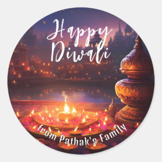 Anpassad text, Glad Diwali Tempel Ljus Runt Klistermärke