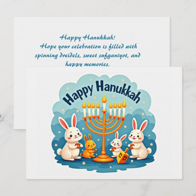Anpassad text Glad Hanukkah Kanin Menorah Julkort (Fram/baksida)