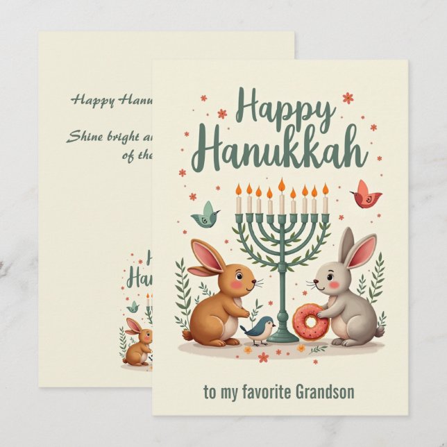 Anpassad text Glad Hanukkah Kanin Menorah  Julkort (Fram/baksida)