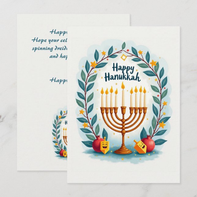 Anpassad text Glad Hanukkah Menorah Krans Julkort (Fram/baksida)