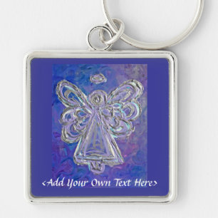 Anpassad text i lila Angel Silver Vingar Keychain Fyrkantig Silverfärgad Nyckelring