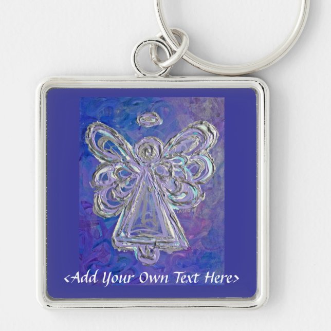 Anpassad text i lila Angel Silver Vingar Keychain Fyrkantig Silverfärgad Nyckelring (Framsidan)