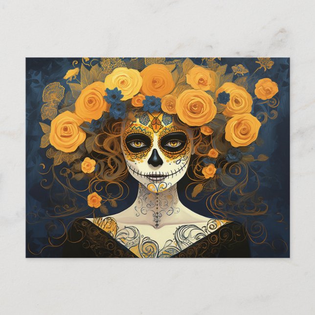 Anpassad text 💀  La Calavera Catrina med blommor Vykort (Framsida)