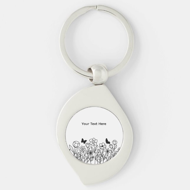Anpassad text med blommor swirl silverfärgad nyckelring (Framsidan)