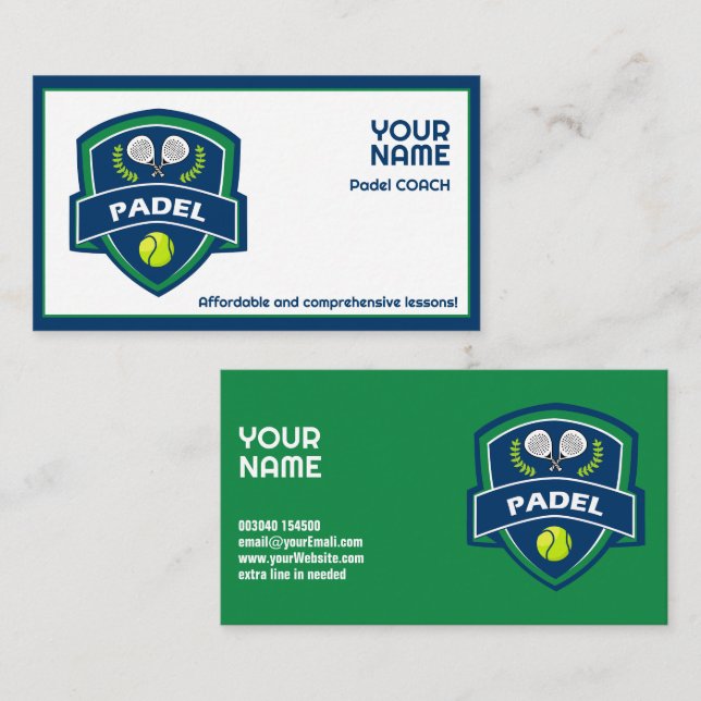 🎾Anpassad text,  Padel-tränare Visitkort (Fram/baksida)