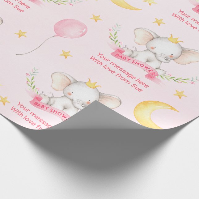 Anpassad text Rosa akvarell Elefant Baby Shower Presentpapper (Hörn)