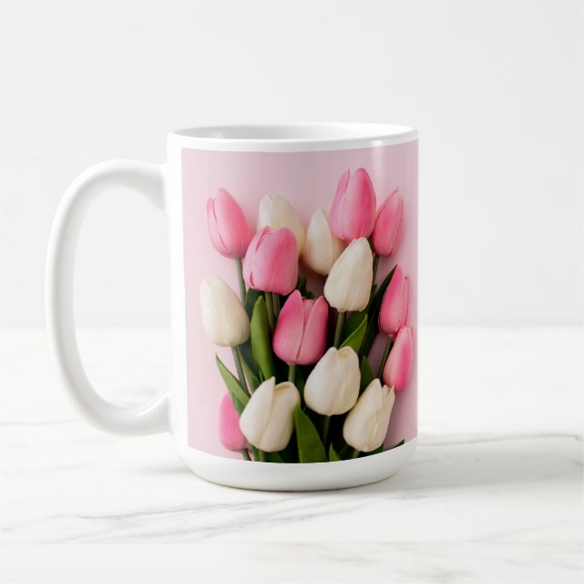Anpassad text Tulpaner på rosa Kaffemugg (Vänster)