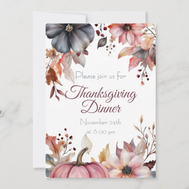 Anpassad Thanksgiving Middag Pumpa och Blommor Inbjudningar (Framsida)