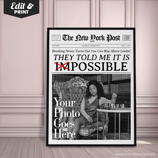 Anpassad Tidning Det är möjligt Motivationsaffisch Poster (Custom "Impossible" Wall Art | Motivational Personalized Photo Print)