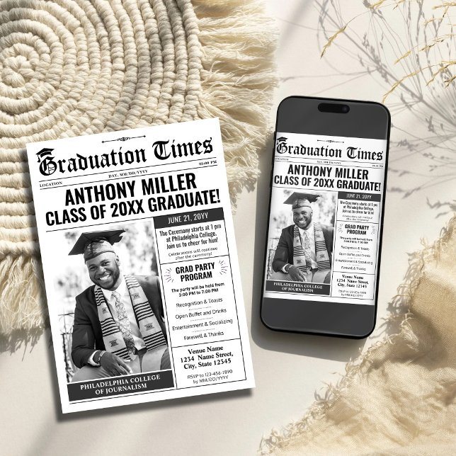 Anpassad tidningsinbjudan till examensfirande julkort (Newspaper Graduation Invitation Grad Announcement Card)