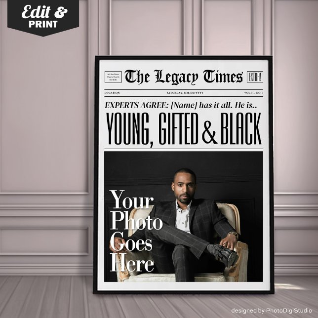 Anpassad tidningskonsttryck, Ung Begåvad och Svart Poster (Custom Newspaper Art Print, Young Gifted and Black Poster)