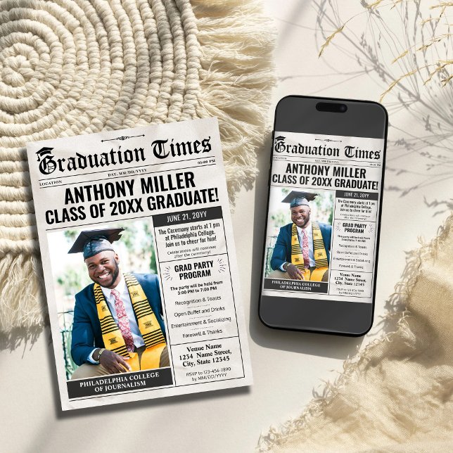 Anpassad tidningsstudentexamen inbjudan tillkännag (Newspaper Graduation Invitation Grad Announcement Card)