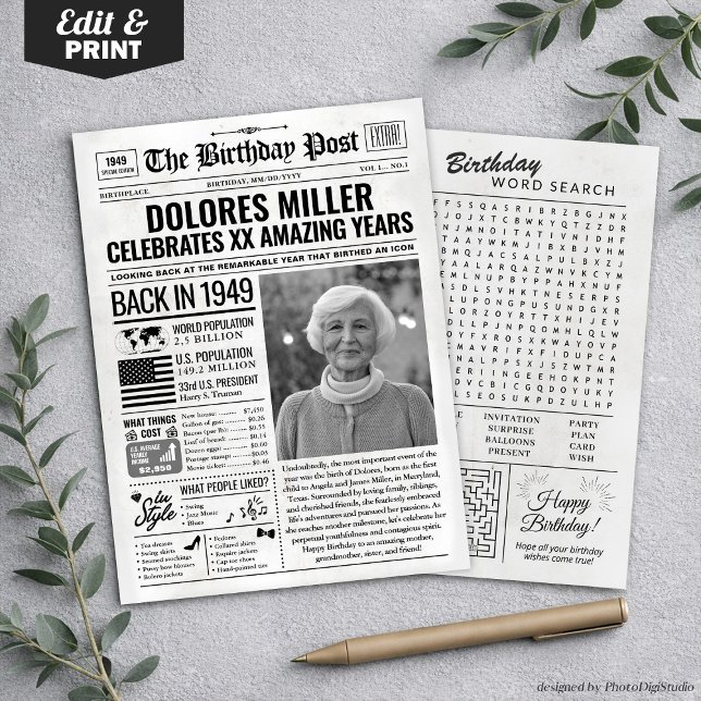 Anpassad tillbaka 1949 Tidningsfödelsedagskort, Tr Julkort (Custom Back in 1949 Newspaper Birthday Card, Trend Holiday Card)