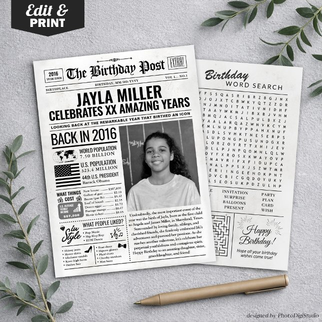 Anpassad Tillbaka 2016 Tidningsfödelsedagspresent, Julkort (Custom Back in 2016 Newspaper Birthday Card, Trend Holiday Card)