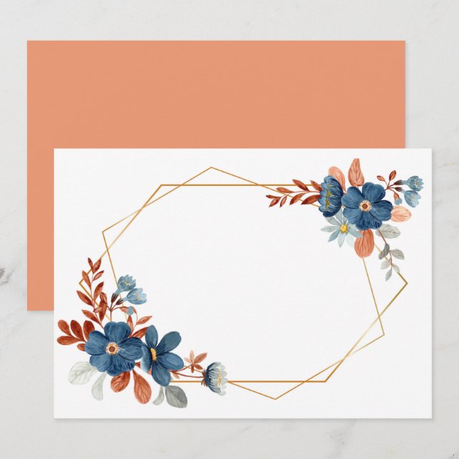 Anpassad tom blå blomster guld ram spara datumet (Fram/baksida)